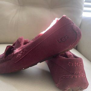Ugg Ansley Heritage Bow Ribbon Red Wine Suede Fur Moccasin Shoe Slipper Size 8